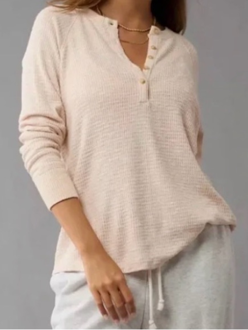 American Eagle Women's Cream Waffle-Knit Long Sleeve Top
